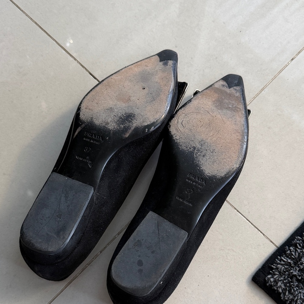 Prada Black Suede Square Buckle Low Heel Pumps - Picture 4 of 6